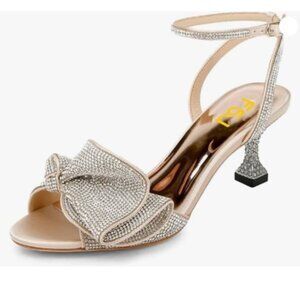 FSJ Gold Peep Toe Rhinestone Rippling Bow Low Heels Sandals Comfortable Shoes